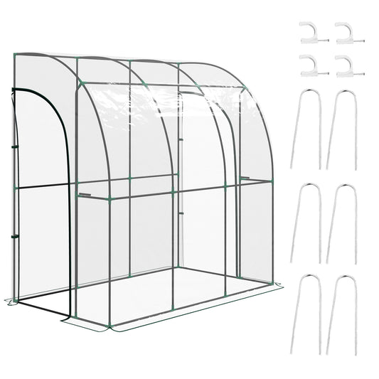 AIYAPLAY Outsunny 214x118x212cm Walk-In Lean to Wall Tunnel Plastic Greenhouse with Doors Clear 214cm x 118cm x 212cm