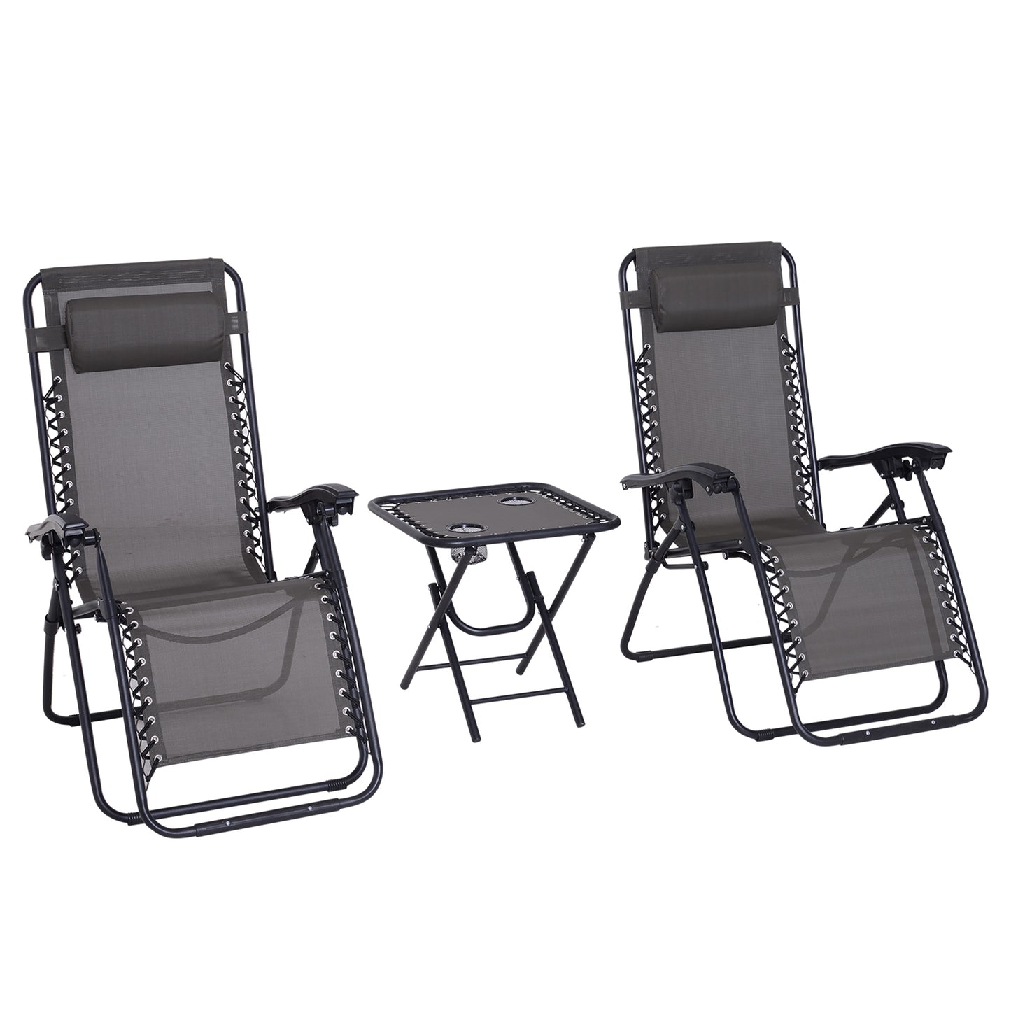 Carousel 3PC Zero Gravity Chairs Sun Lounger Table Set Cup Holders Dark Grey Outsunny